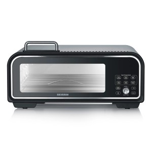 Schwarzer Severin Pizzaofen Serico PG 8575 mit Digitaldisplay und Bedienelementen.