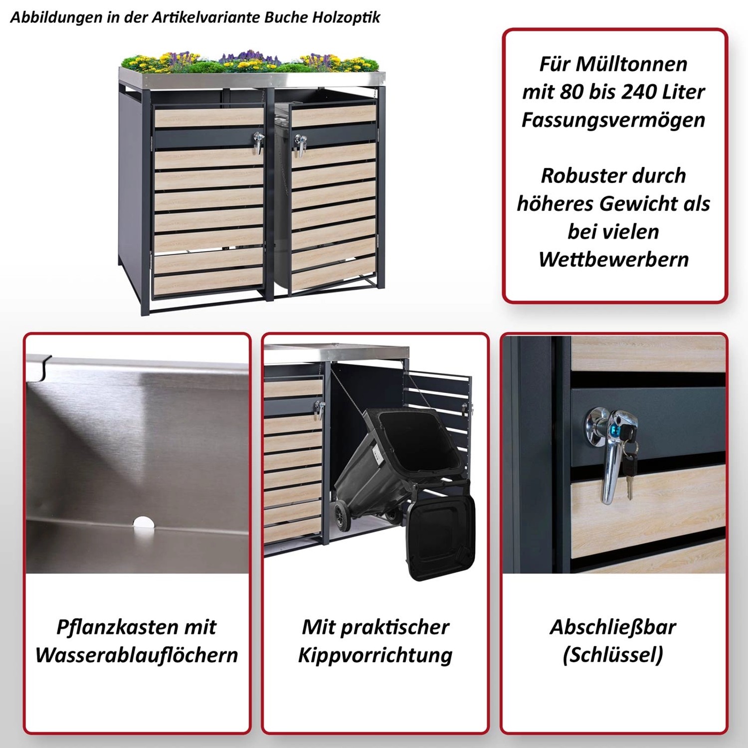 MCW Mülltonnenverkleidung J81 für 2 Tonnen, Buche Holzoptik, mit Pflanzkasten.