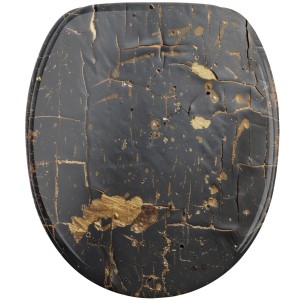 SANILO WC-Sitz Shield mit Absenkautomatik, Holz, schwarze Oberfläche mit goldenen Akzenten.