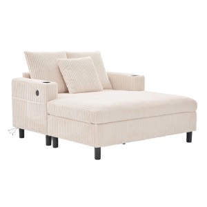 Beiger Corduroy Schlafsessel mit USB, Getränkehalter, LED-Beleuchtung und Kissen. Komfortables Relaxsessel Sofa.
