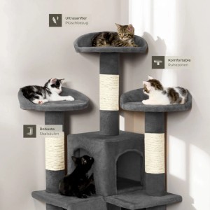 Grauer Tectake Kratzbaum Mogli mit mehreren Katzen auf verschiedenen Ebenen.