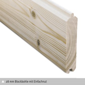 Detailaufnahme: 28 mm Blockbohle mit Nut für Skan Holz Gartenhaus Porto.