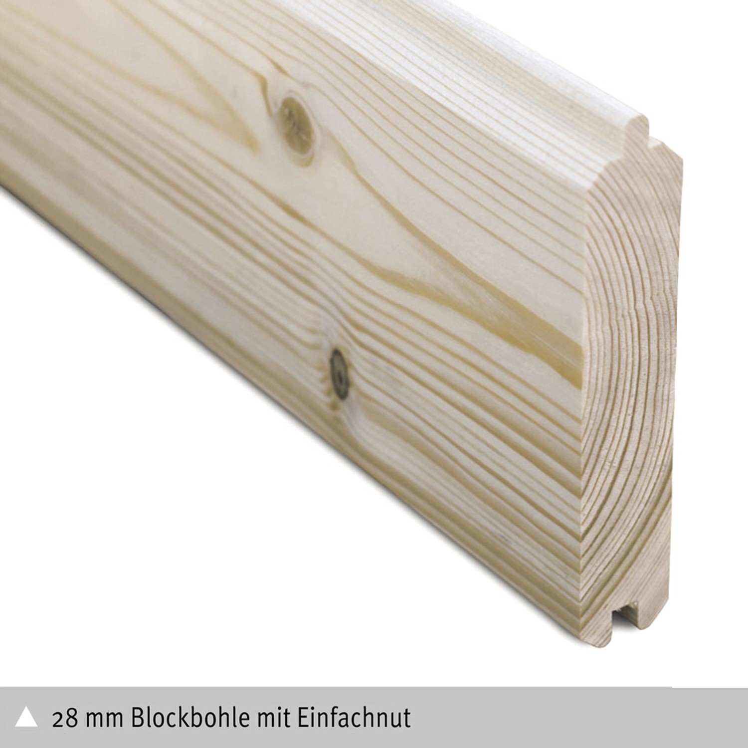 Detailaufnahme: 28 mm Blockbohle mit Nut für Skan Holz Gartenhaus Porto.