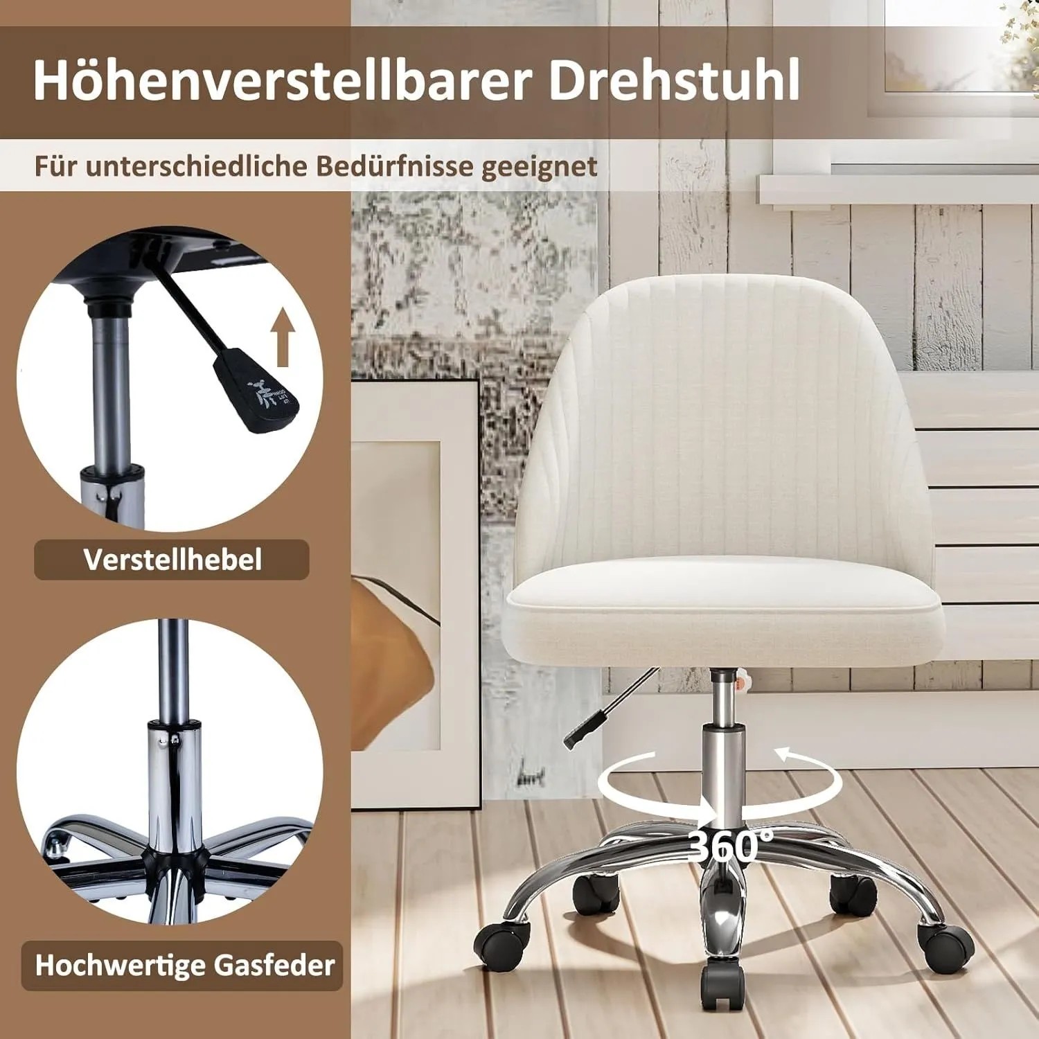 Costway Bürostuhl Armlos Drehstuhl Höheverstellbar Beige_6
