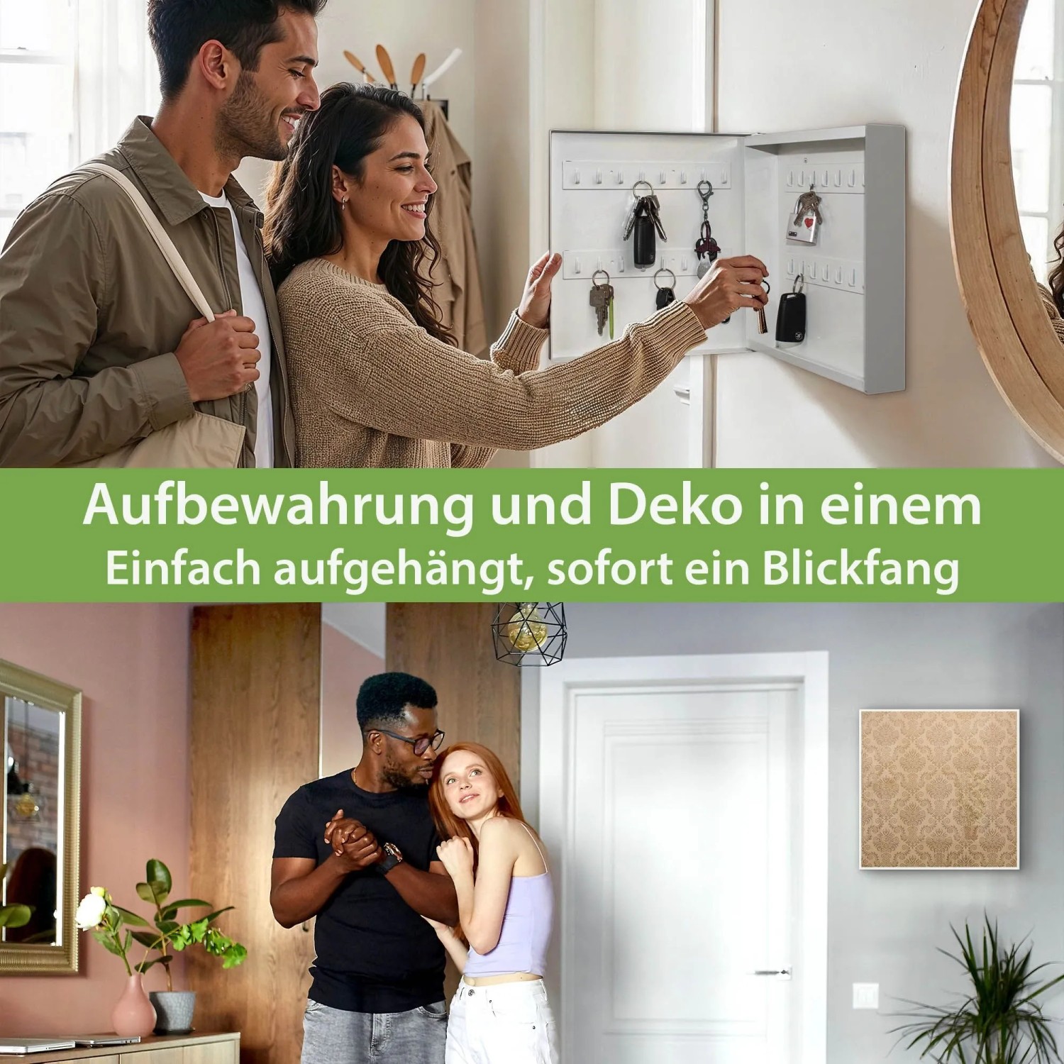 Banjado Großer Schlüsselkasten Metall 30x30cm Weiß Scharnier Links 50 Haken Beschreibbar Magnetisch Motiv Tapete Beige