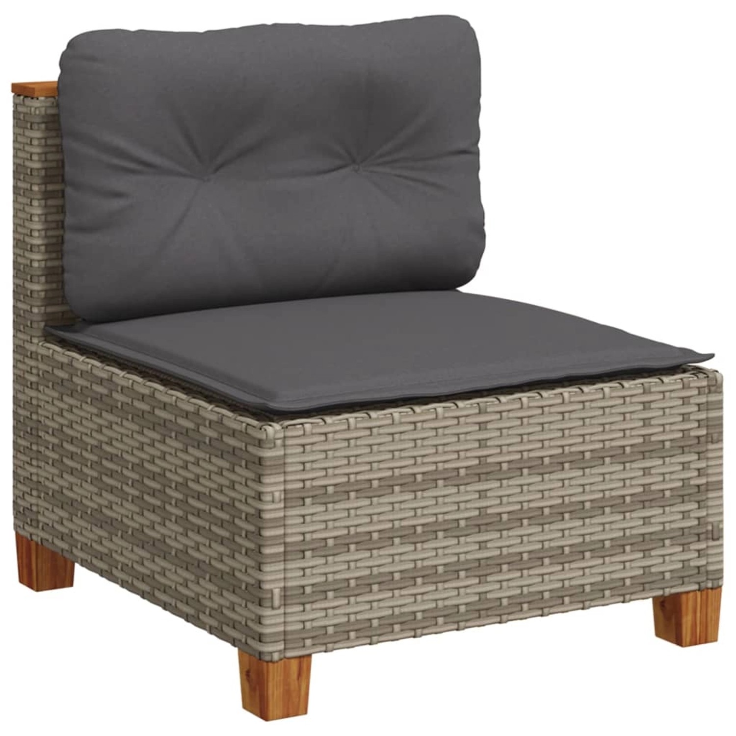 Graues Garten-Ecksofa aus Polyrattan mit dunklen Kissen, Teil einer modularen Gartenmöbel-Garnitur.