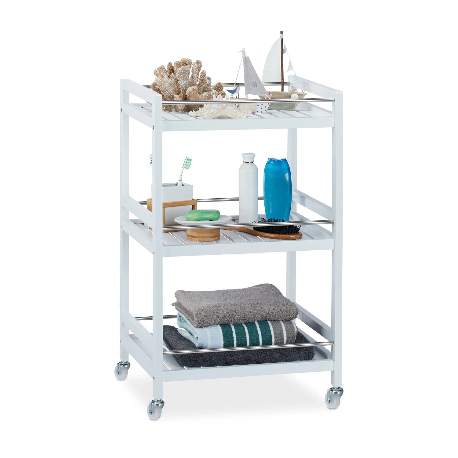 Relaxdays Servierwagen Bambus Weiß mit 3 Ablagen 76,5 cm x 46 cm x 38 cm 5 kg
