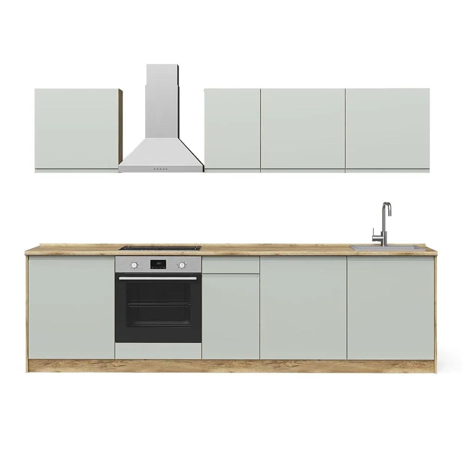 Vicco Küchenzeile R-Line Pastellgrün/Goldkraft Eiche 280 x 207 Arbeitsplatte Weiß Art Nr 70585