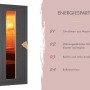 Detailaufnahme der Energiespartür für das Karibu Saunahaus Arvi 3 Terragrau, mit Infos zu Türrahmen, Isolierglas und Rollverschluss.