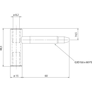 Sfs Türband Rahmenteil für Holzzargen, verzinkter Stahl. Maßzeichnung mit Bandhöhe 48,5 mm und Bolzenlänge 60 mm.