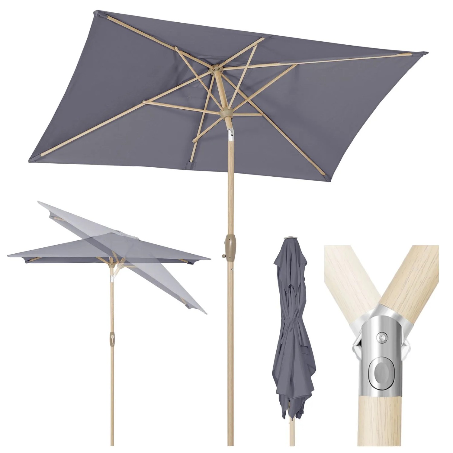 Sekey Aluminium Sonnenschirm 210 x 140 cm Rechteckig Knickbar Holzoptik Gartenschirm für Balkon Terrasse und Garten UPF50+ Sonnenschutz