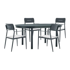 Anthrazitgraue Gartenessgruppe Lottys mit ausziehbarem Aluminium-Tisch und 4 stapelbaren Sesseln.