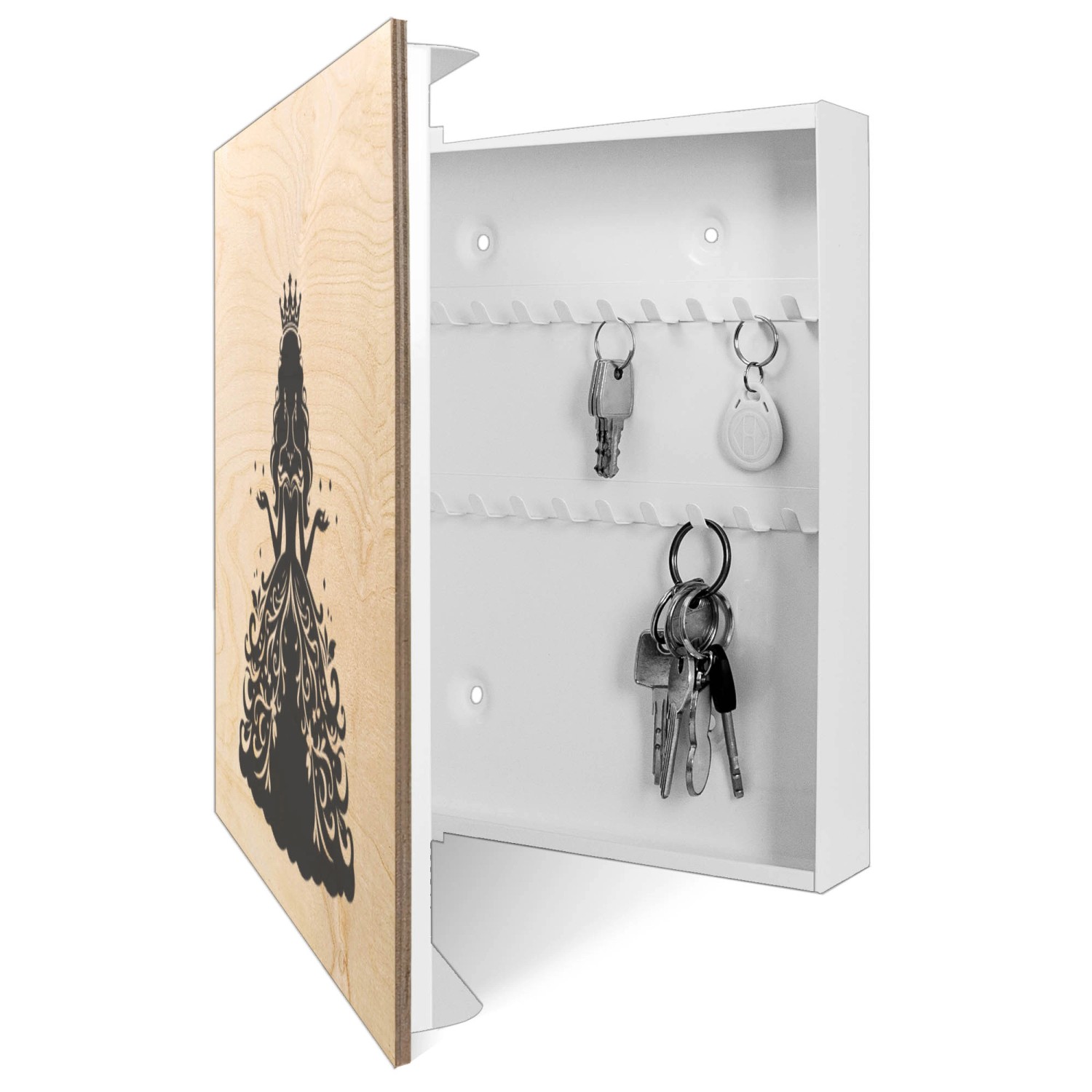 Banjado Schlüsselkasten mit Holzfront, Motiv Märchenprinzessin, 30x30cm, 50 Haken.