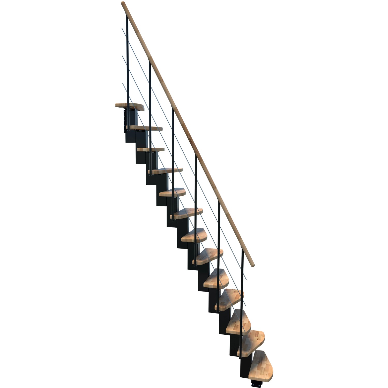 Minka Raumspartreppe Quatro Buche/Schwarz, moderne Innentreppe mit Holzstufen und Handlauf.