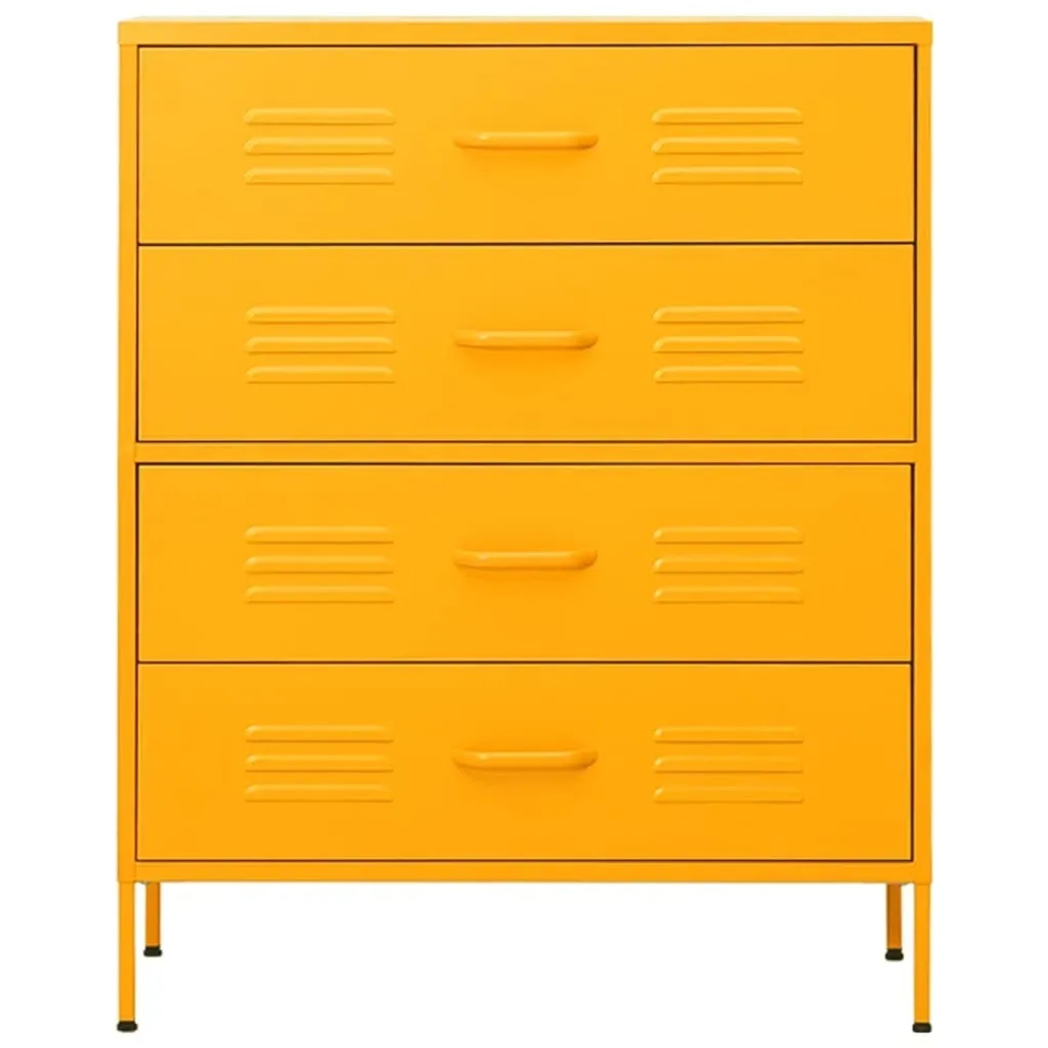 Senfgelbe vidaXL Kommode aus Stahl mit 4 Schubladen. Ideal als Sideboard oder Stauraum.