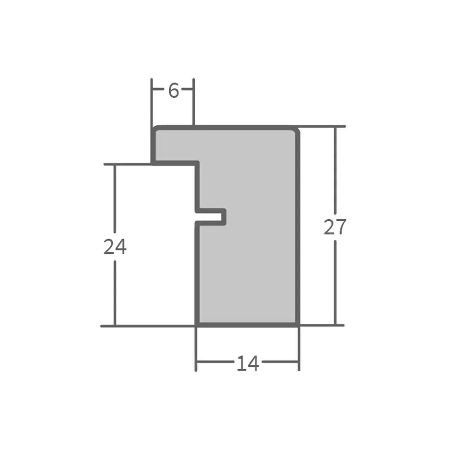 Detailansicht des Profils vom Wandspiegel H960 aus Massivholz in Natur-Optik mit Maßangaben.