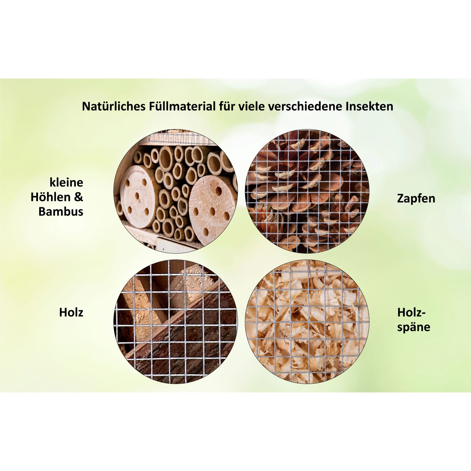 Natürliches Füllmaterial für Insektenhotel: Bambus, Holz, Zapfen, Holzspäne. Niströhren für Wildbienen & Insekten.