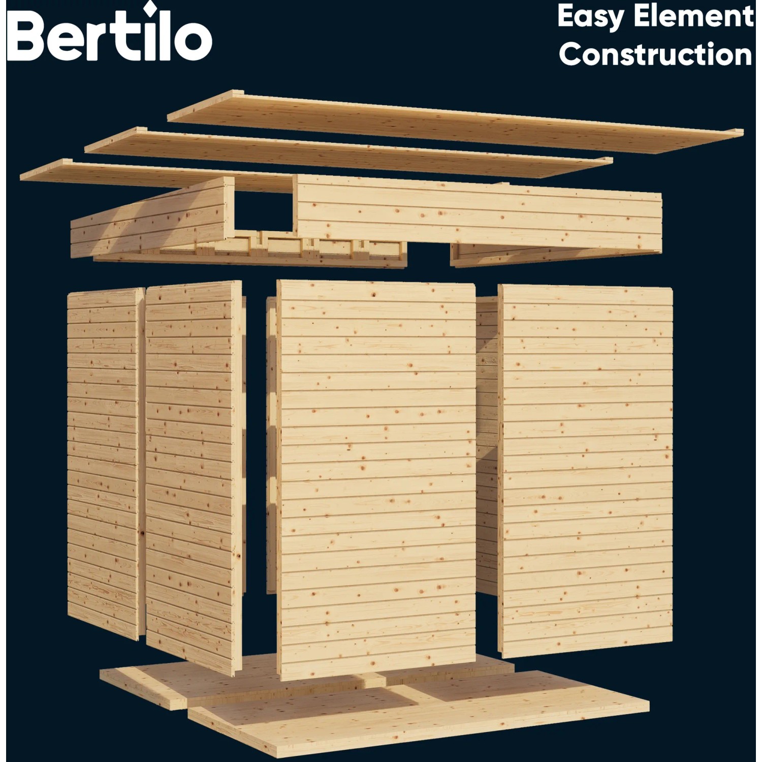 Explosionszeichnung: Bertilo Gartenhaus Pentus 3 Lounge, 234x558 cm, graues Holz, Elementbauweise.