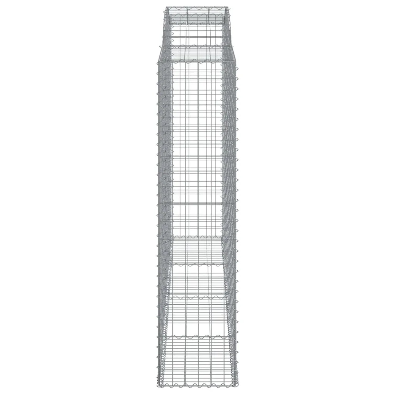 Leere, silberne vidaXL Gabione mit Hochbogen aus verzinktem Eisen, 300x50x200/220 cm.