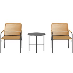 Outsunny Rattan Bistroset 3-tlg: zwei hellbraune PE-Rattan Stühle mit schwarzem Stahlgestell, runder grauer Tisch.