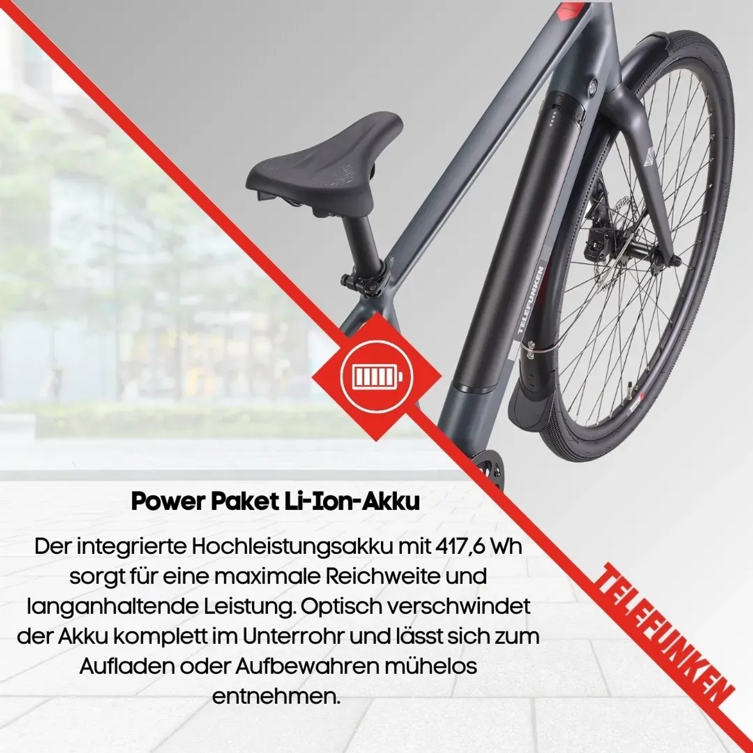 TELEFUNKEN E-Bike UH210: Urbanes 28-Zoll E-Bike in Granitgrau mit integriertem Akku.