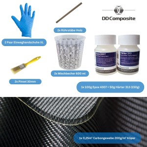 DD Composite Carbon Komplett-Set: Carbongewebe, Epoxidharz, Härter, Pinsel, Handschuhe, Rührbecher und Rührstäbe.