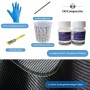 DD Composite Carbon Komplett-Set: Carbongewebe, Epoxidharz, Härter, Pinsel, Handschuhe, Rührbecher und Rührstäbe.