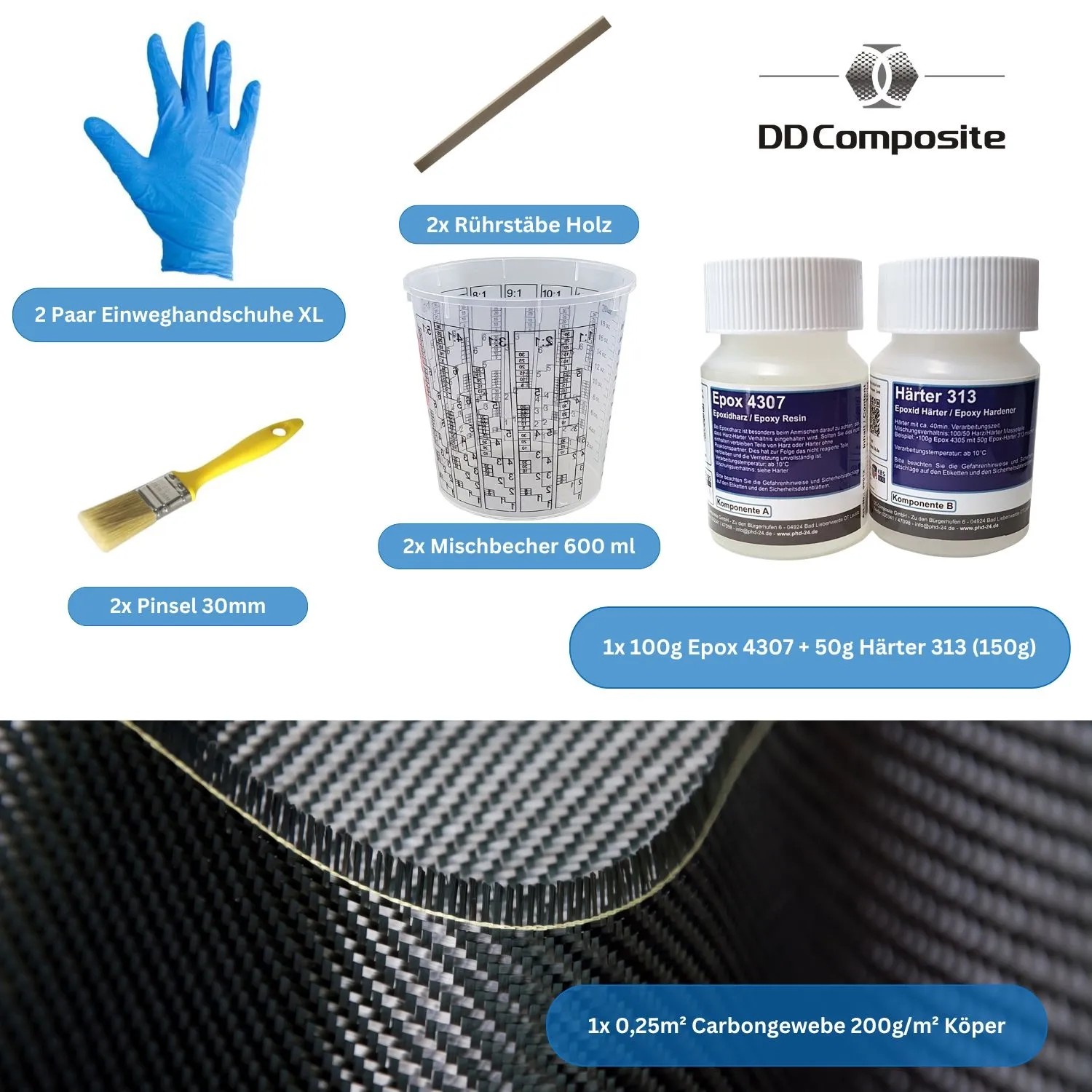 DD Composite Carbon Komplett-Set: Carbongewebe, Epoxidharz, Härter, Pinsel, Handschuhe, Rührbecher und Rührstäbe.