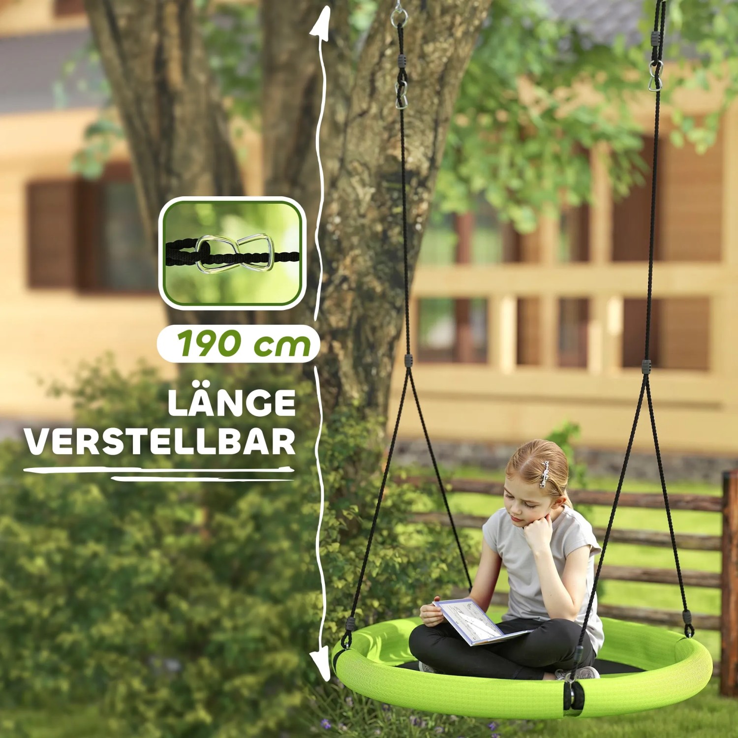 AIYAPLAY Kinderschaukel, grün/schwarz, mit Mädchen. Nestschaukel mit verstellbarer Länge (190cm) für Spiel & Spaß im Garten.