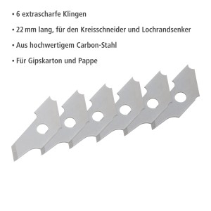 Wolfcraft Klingen 6er-Pack für Kreisschneider und Lochrandsenker, Carbonstahl, Messer/Klingen.