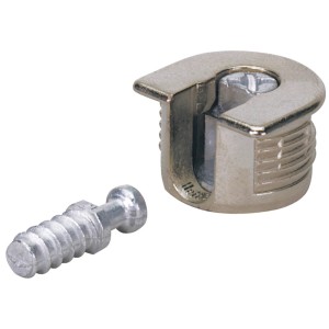 Hettich Excenter-Verbindungsbeschlag, vernickelt, mit Einschraubdübel für 16 mm Materialstärke.