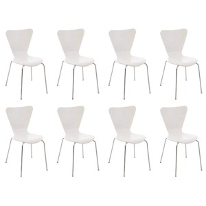 Acht weiße CLP Calisto Konferenzstühle. Ergonomische Holzsitze, verchromte Metallbeine. Ideal als Esszimmer- oder Besucherstuhl.