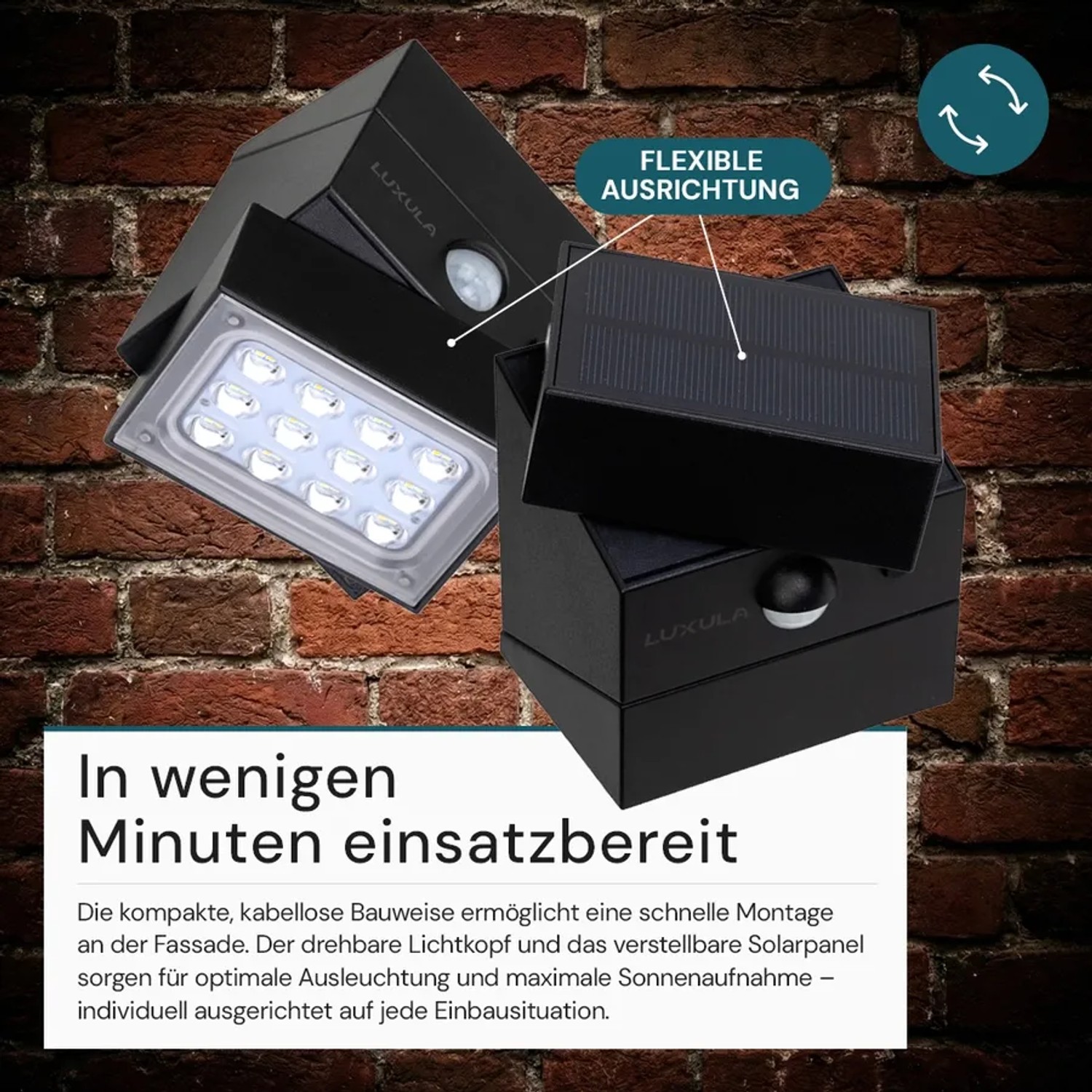 Schwarze LUXULA Solar Wandleuchte mit drehbarem Lichtkopf und Solarpanel vor Backsteinwand.