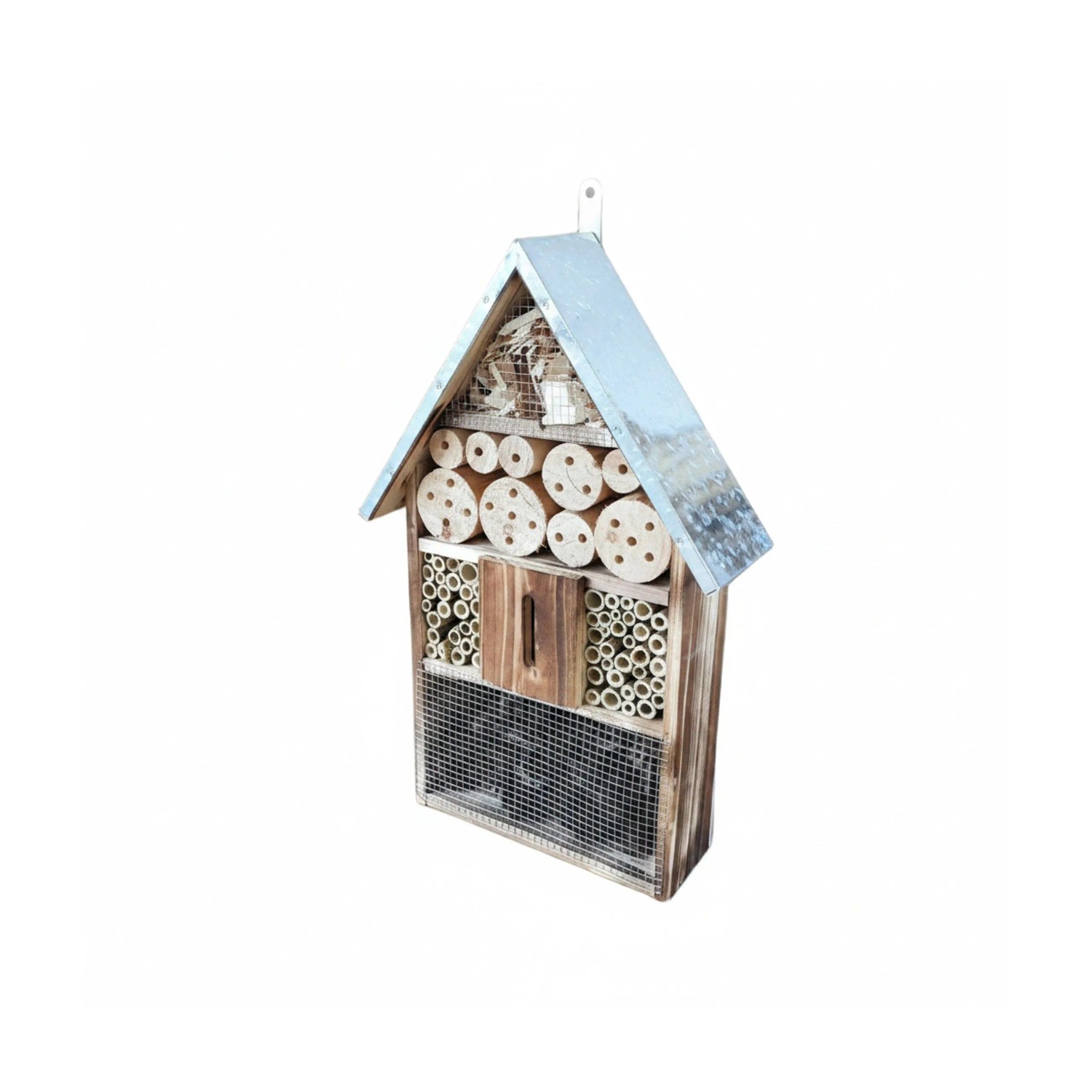 Relaxdays Insektenhotel Tannenholz Bambus Eisen Geflammt Silber mit Metalldach 48 cm x 31 cm x 10 cm