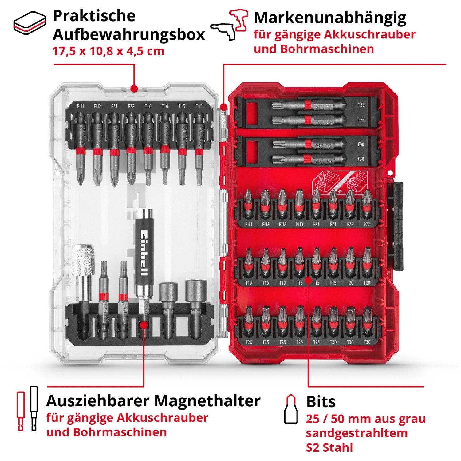 Einhell Bit-Set, 42-teilig im M-Case: Bits, Magnethalter und Steckschlüsseleinsätze in Aufbewahrungsbox.