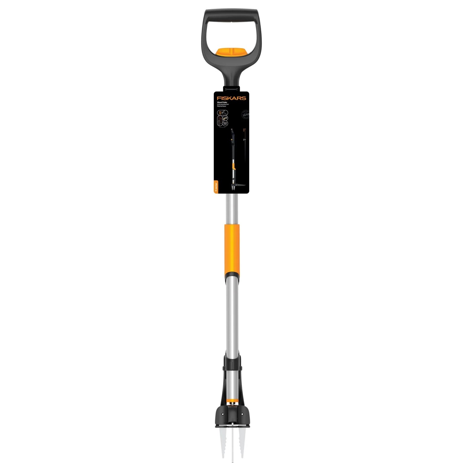 Fiskars Unkrautstecher X-Series, orange-schwarz, mit D-Griff und Edelstahlklauen zur Unkrautentfernung.