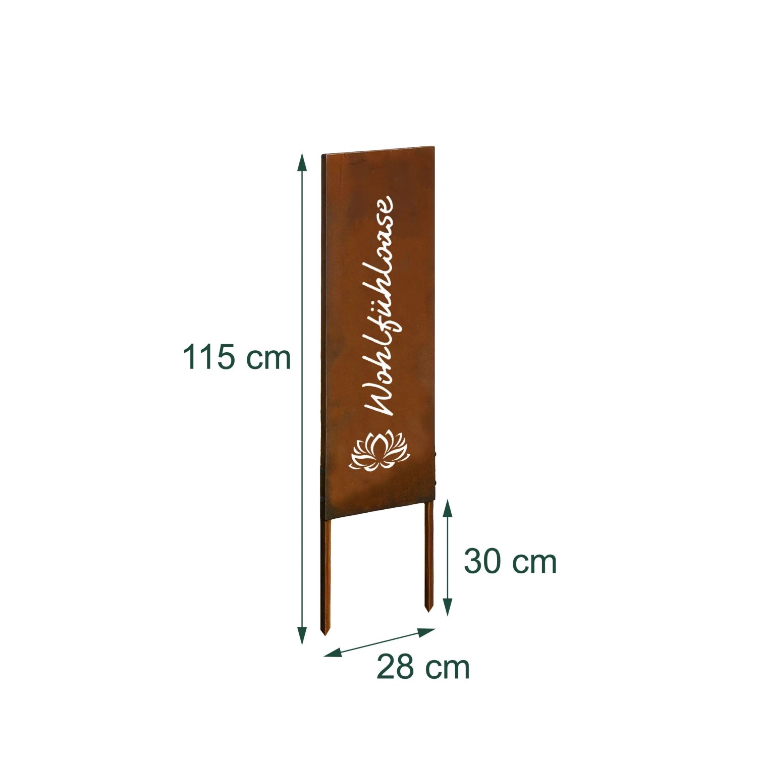Rostbrauner Eisen Gartenstecker, 115 cm, mit 'Wohlfühloase' Schriftzug und Lotusblume. Dekorative Gartendeko.