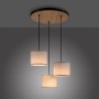Just Light Pendelleuchte mit drei Lampenschirmen und Holzdekor, geeignet für Wohnräume.