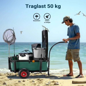 Wiltec Angelwagen grün, 50kg Traglast, beladen mit Angelzubehör, am Strand. Mann zieht robusten Angel Trolley mit Lufträdern.