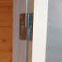 Detailaufnahme: Scharnier an der Tür vom grauen Bertilo Gartenhaus Pentus 1 aus Holz.