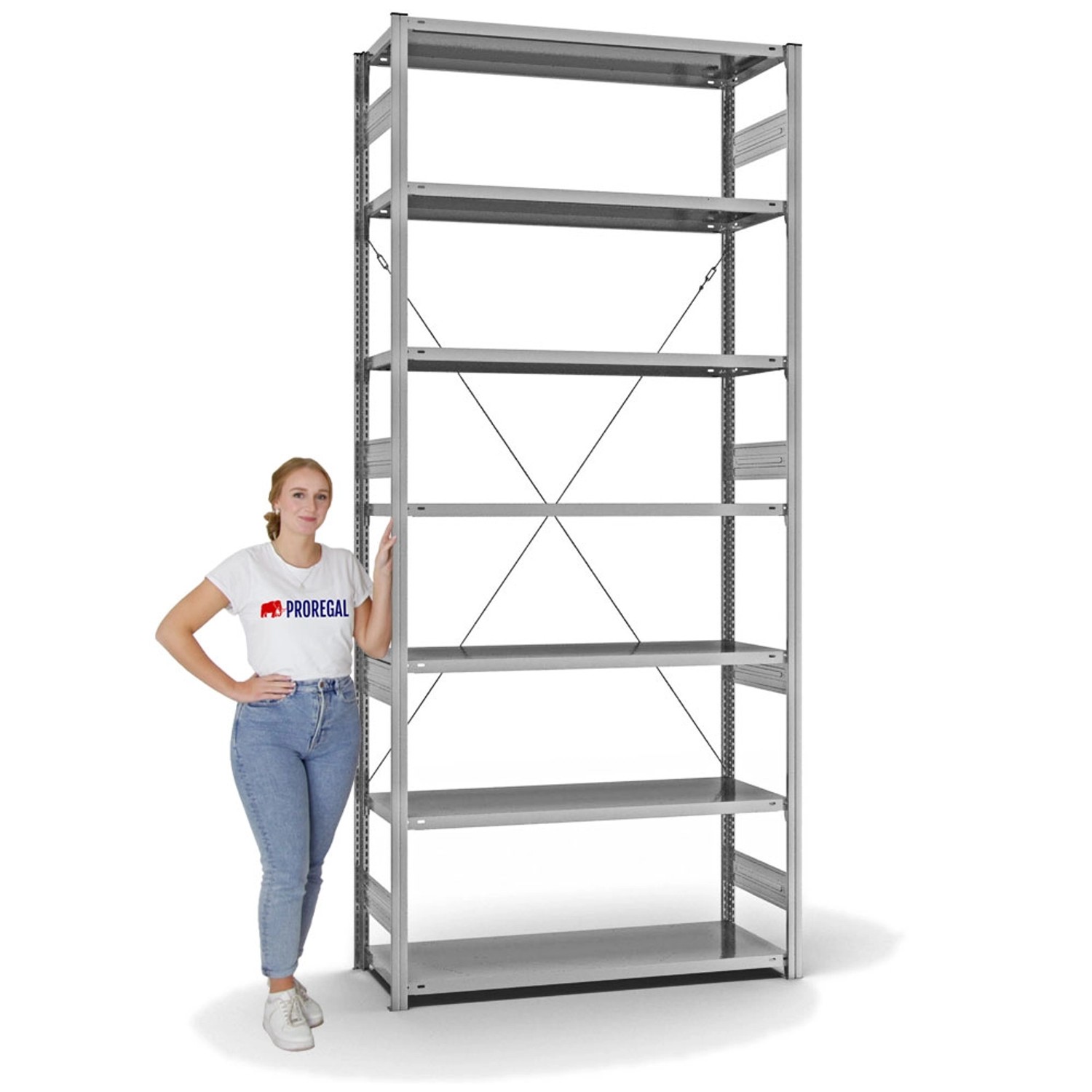 PROREGAL Fachbodenregal Stecksystem, 300x130x50cm, 7 Ebenen, verzinkt, mit Frau als Größenvergleich.