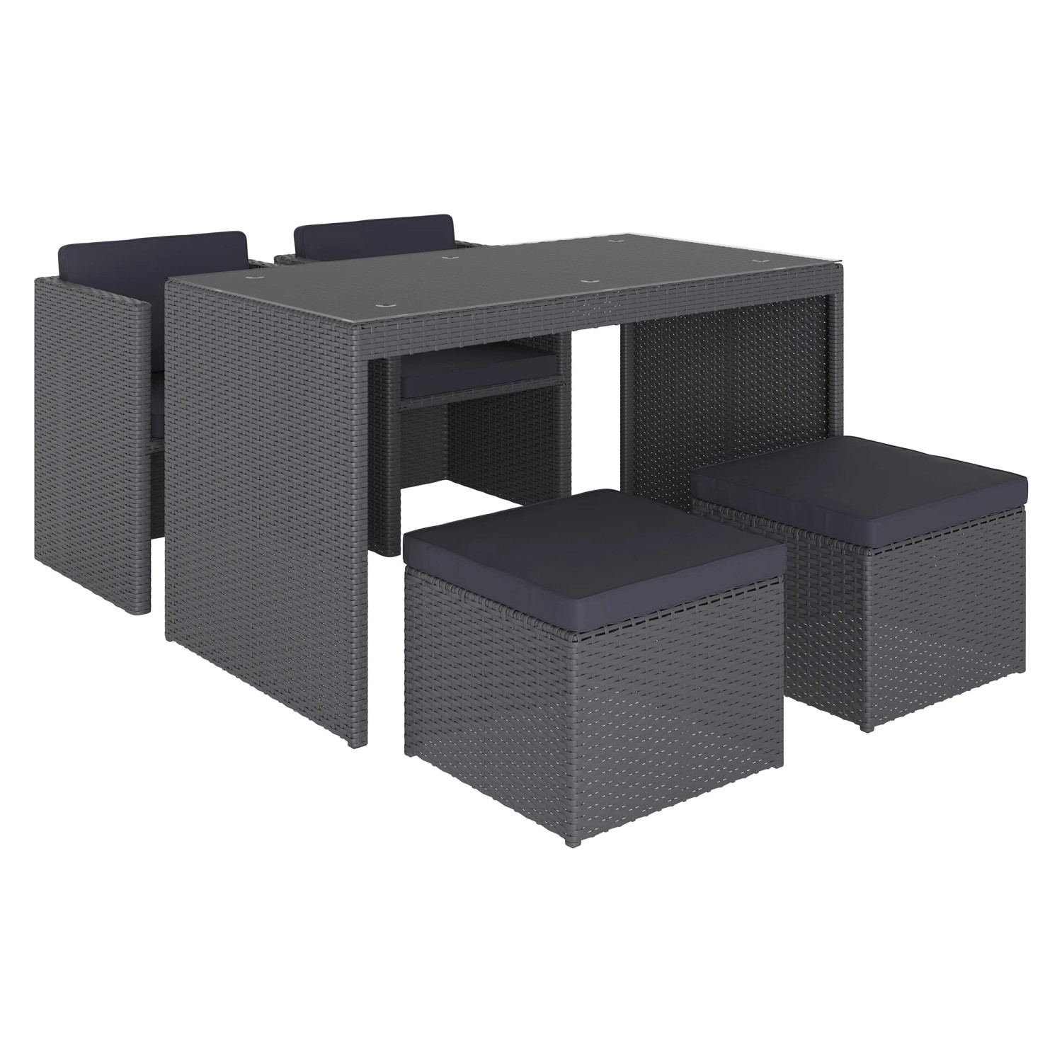 Graues 5-teiliges Balkonmöbel-Set Hazelton aus Polyrattan mit Tisch, Sesseln und Hockern.