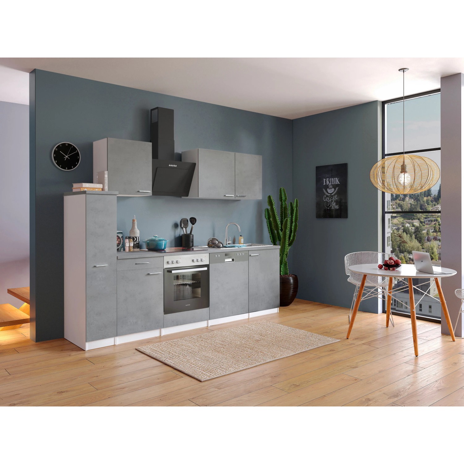 Respekta Küchenblock Malia 250 cm in Betonoptik mit E-Geräten und Edelstahlspüle.