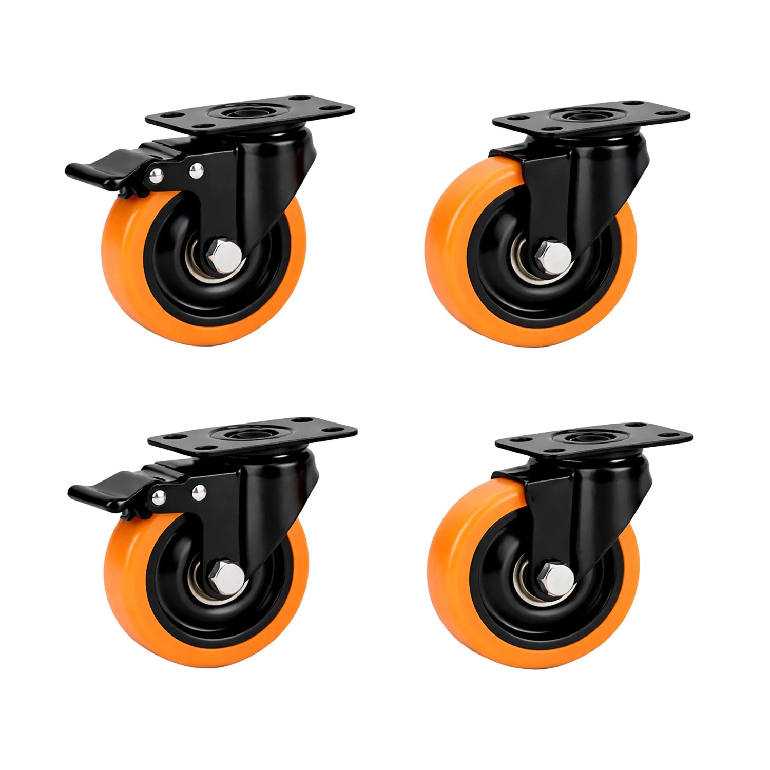 Relaxdays Lenkrollen 4er Set Stahl Kunststoff Schwarz Orange mit Bremse 50 mm