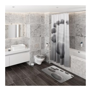 Sanilo Badewannenstöpsel Black Stones im Badezimmer-Set mit passender Duschvorhang und Badematte.