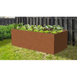 Floraworld Hochbeet aus Cortenstahl (200x100x70 cm) mit Bepflanzung im Garten.