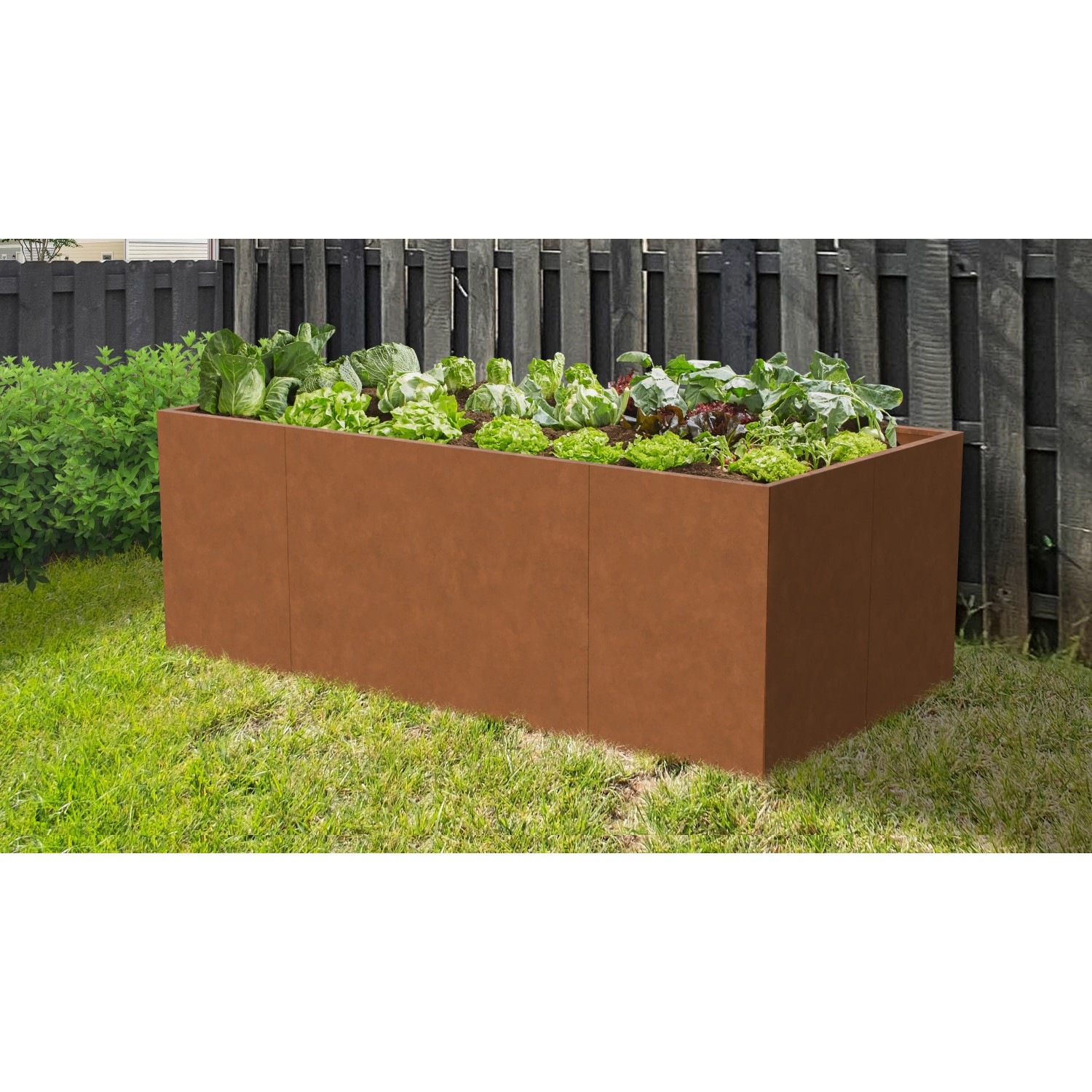 Floraworld Hochbeet aus Cortenstahl (200x100x70 cm) mit Bepflanzung im Garten.