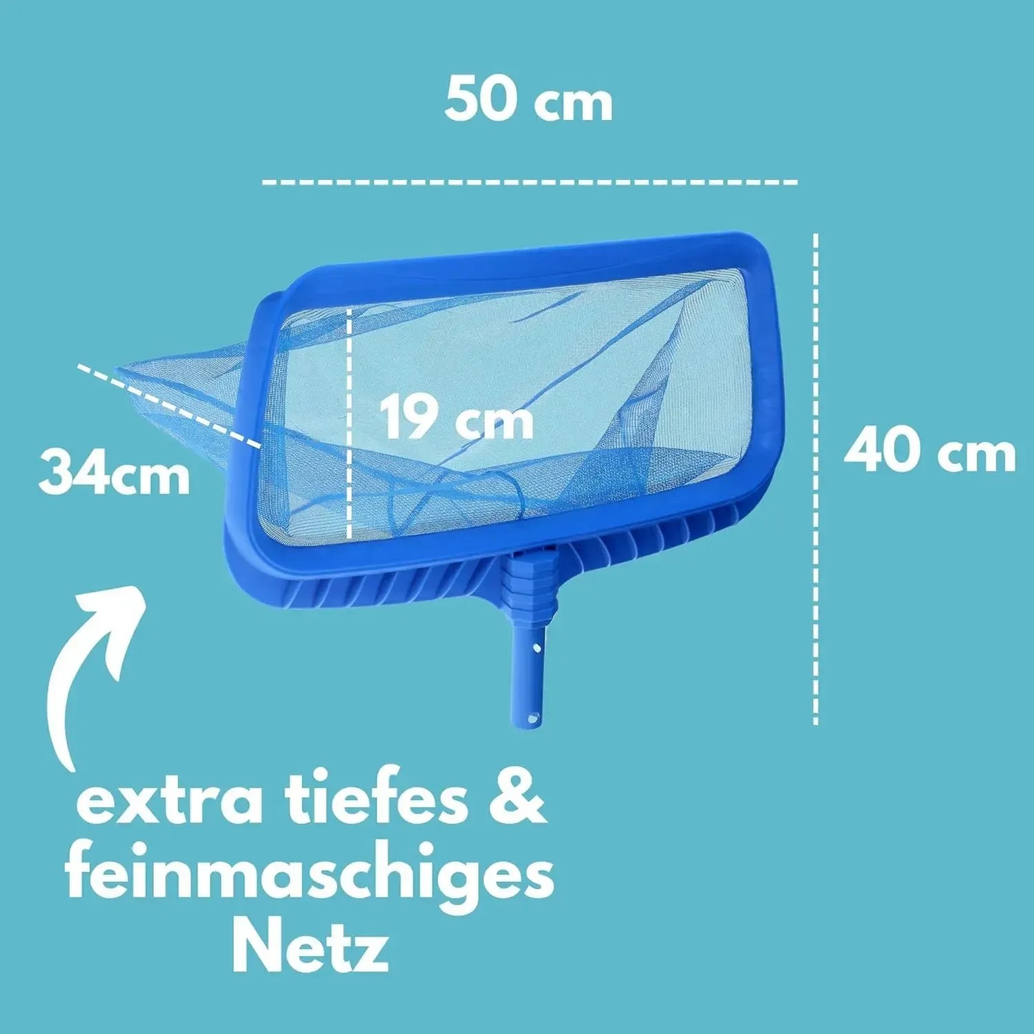 Blauer Amapool Poolkescher Deluxe Bodenkescher mit tiefem, feinmaschigem Netz und Clip-On Anschluss.