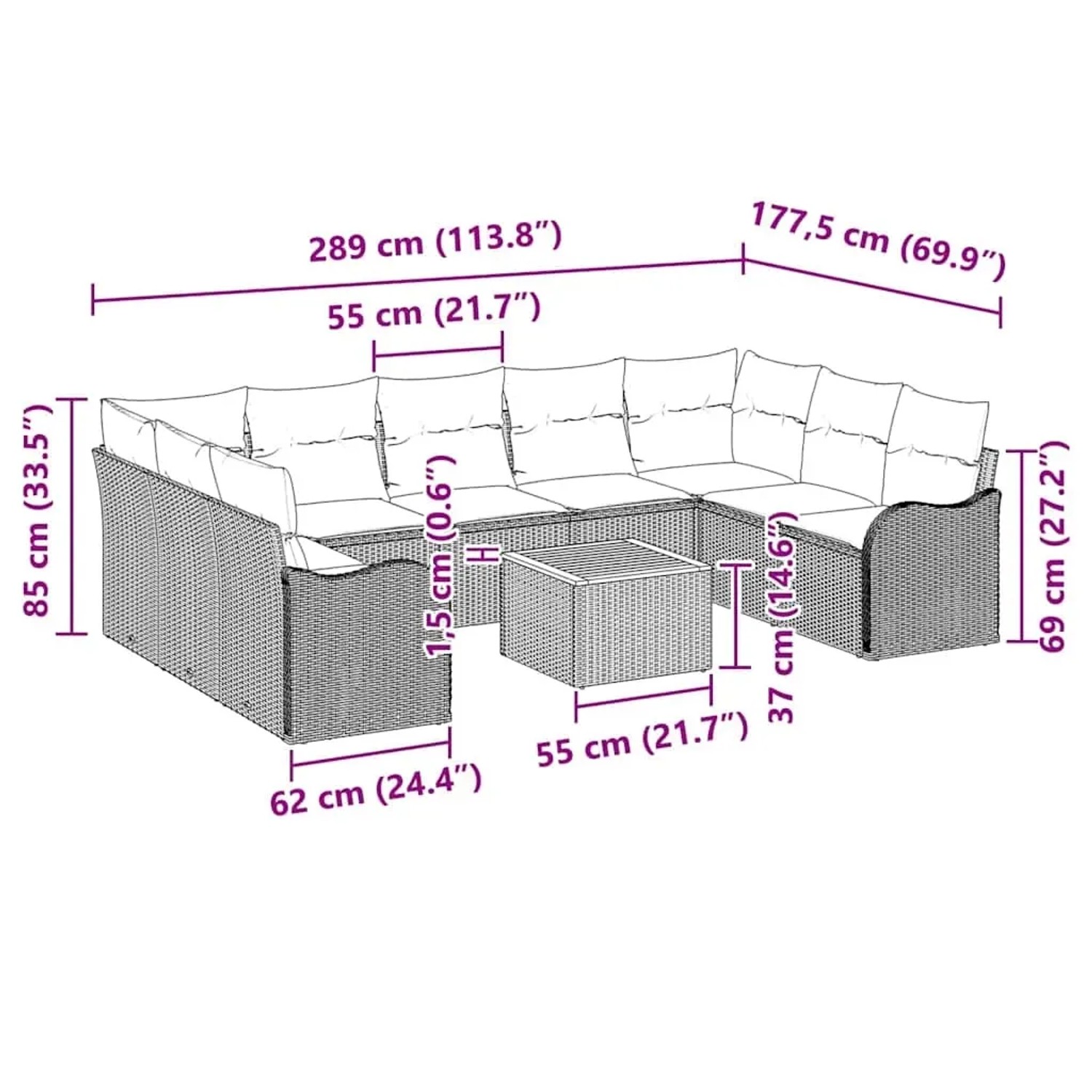vidaXL Gartenmöbel-Set, 10-teilig, beige Poly Rattan, mit Maßen für Planung.