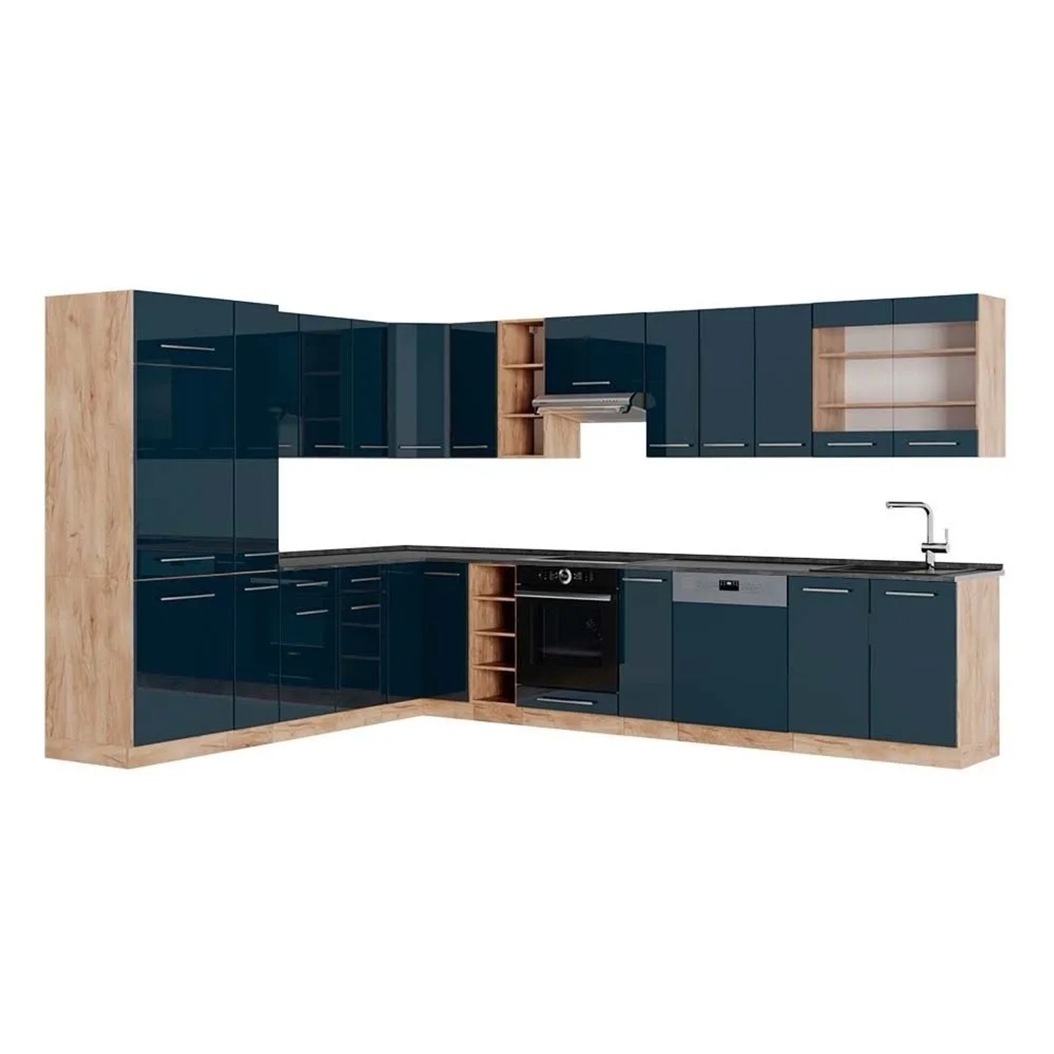 Vicco Einbauküche Fame-Line Dunkelblau Hochglanz/Goldkraft Eiche 347 x 82, AP Anthrazit